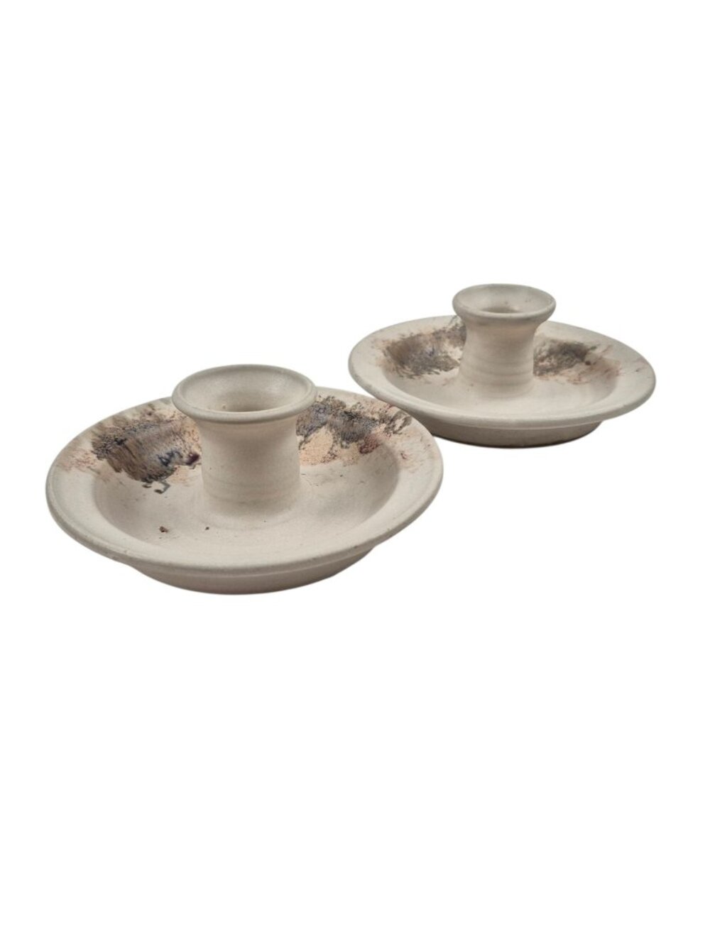 Studio Art Pottery Candlestick Holders Set of 2 Stoneware Cream Brown Round